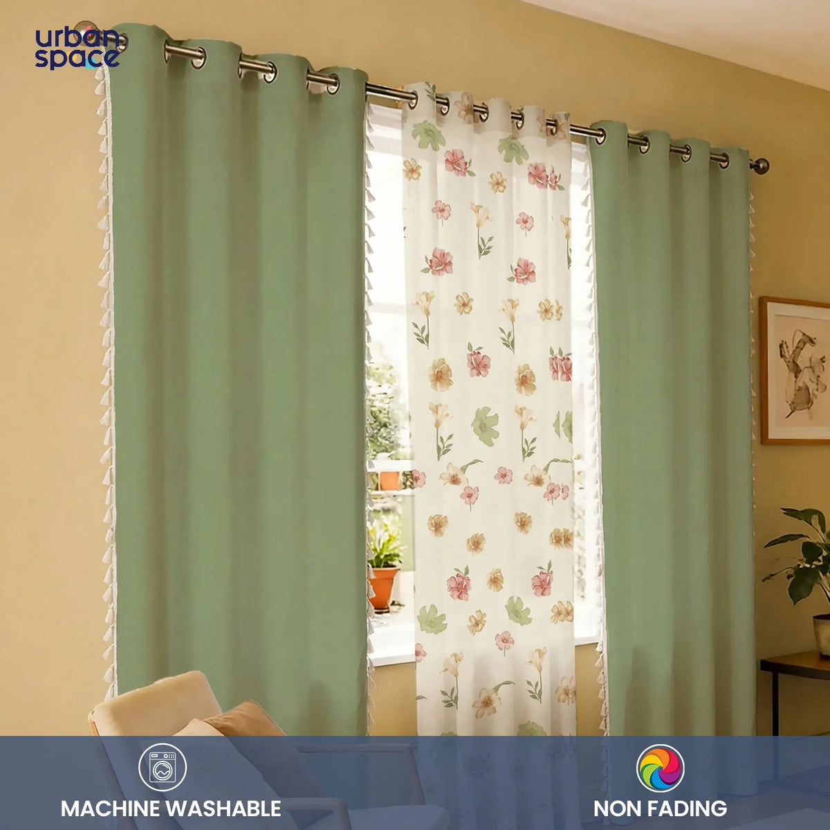 Cotton - Sheer Curtains Combo, Set of 3 curtains, 60-65% Room Darkening Curtain - Mehek & Aura Sage Green image