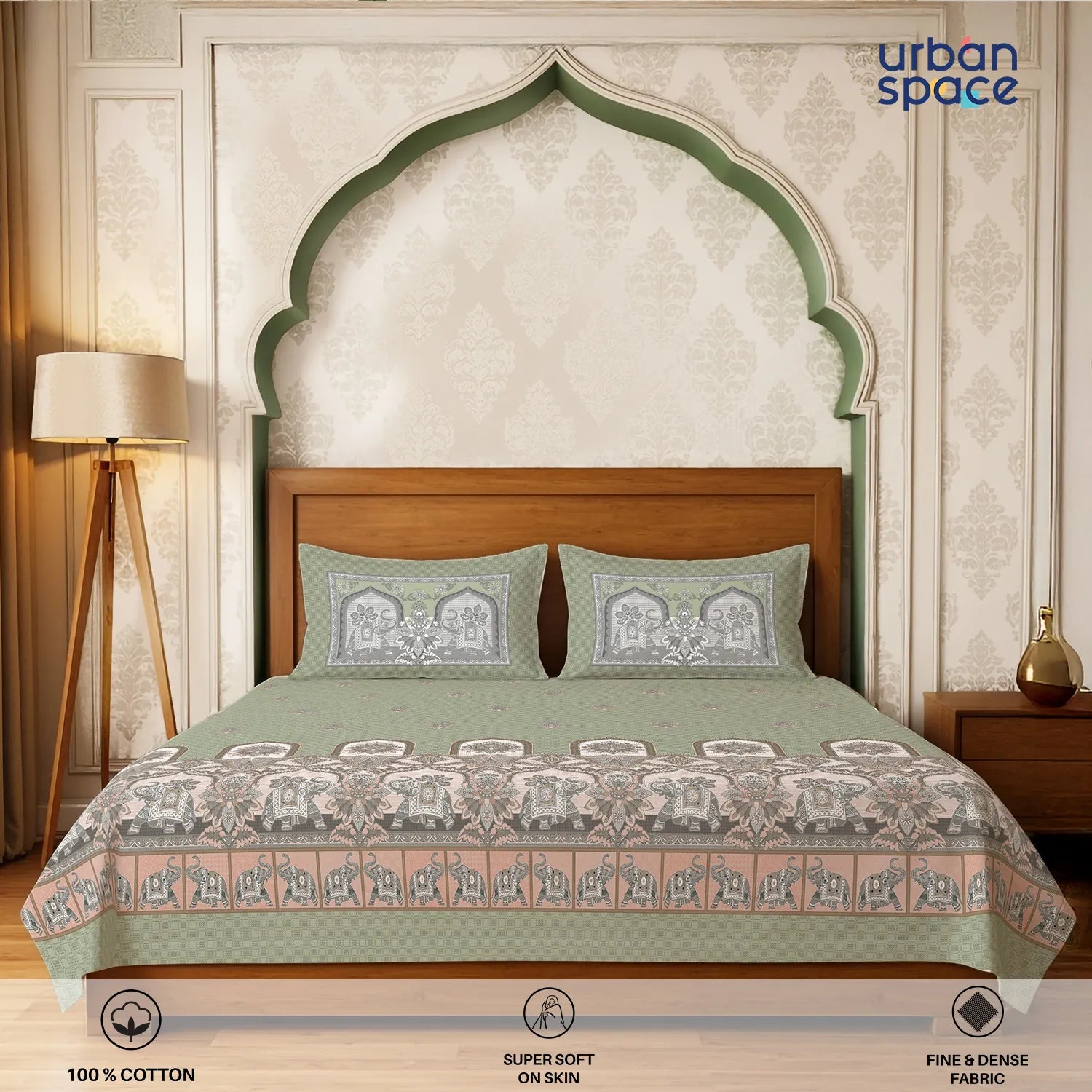 Serene 300 TC 100% Cotton Bedsheet with Pillow Covers, Panel Design - Vanraj Sage Green