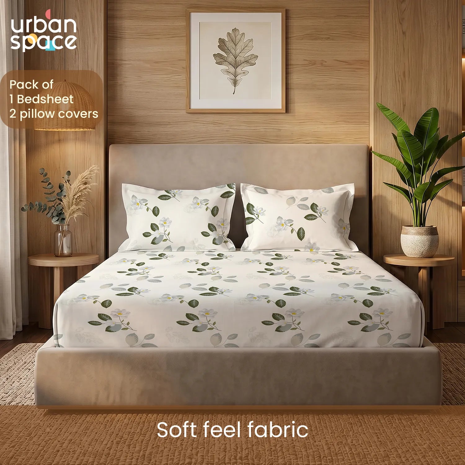 200 TC Glaced Cotton Microfiber Bedsheet in Giftbox with Pillow Covers - Tea Leaves