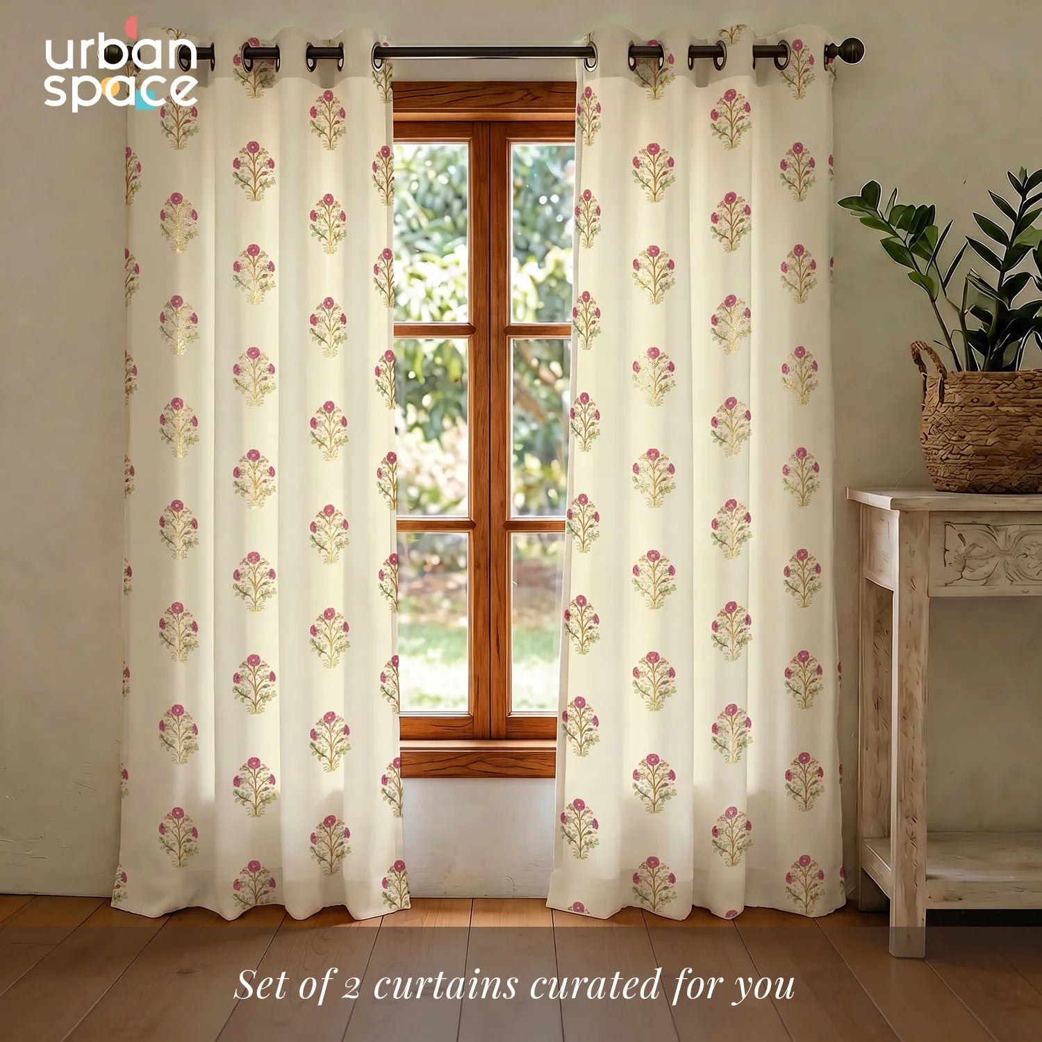 100% Cotton Gold Foil Curtains for Living Room, Bedroom curtains - Pack of 2 curtains, Zari Mohar Pink Gold