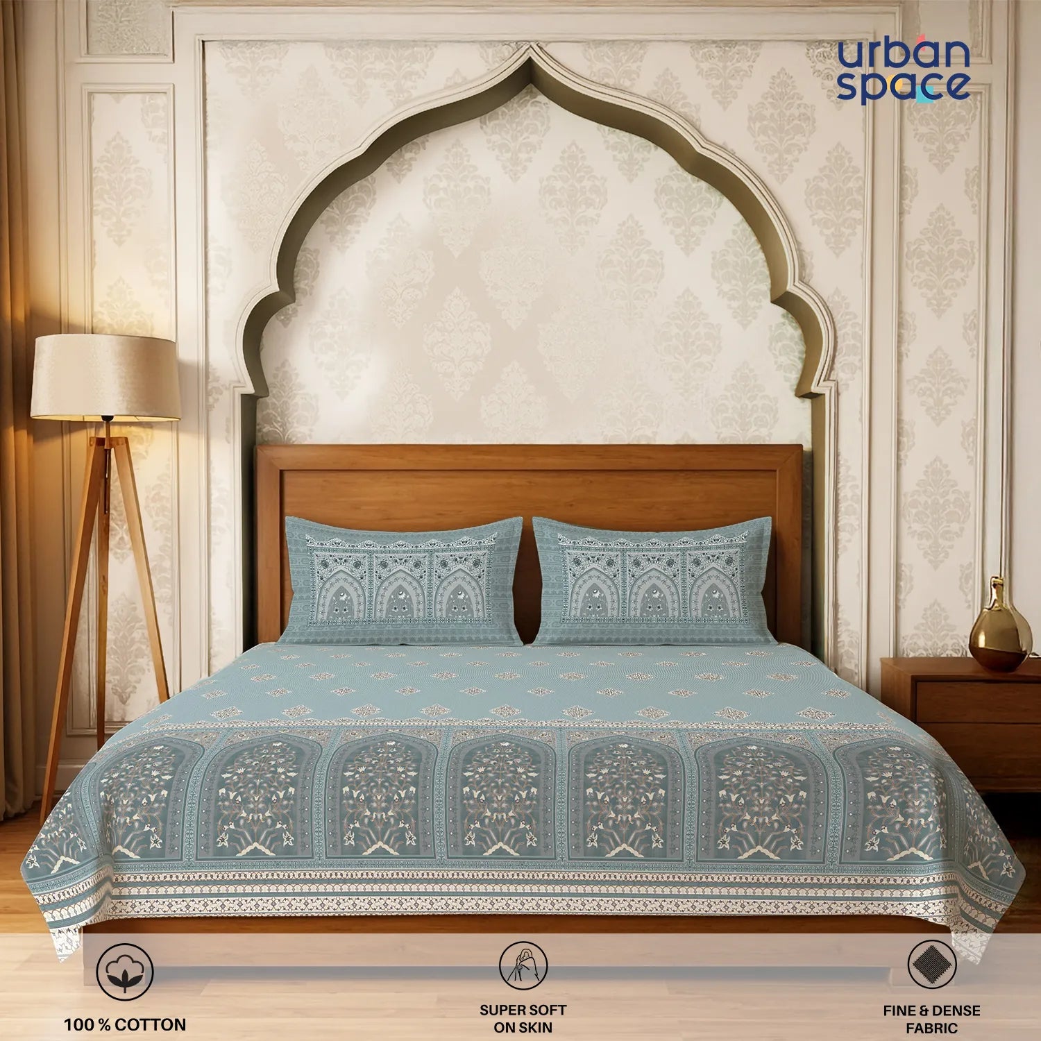 Serene 300 TC 100% Cotton Bedsheet with Pillow Covers, Panel Design - Jharokha Dusty Blue