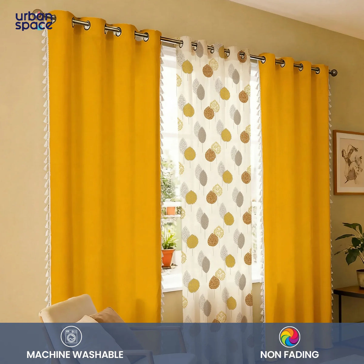 Cotton - Sheer Curtains Combo, Set of 3 curtains, 60-65% Room Darkening Curtain - Drops Mustard Sheer & Aura Yellow image