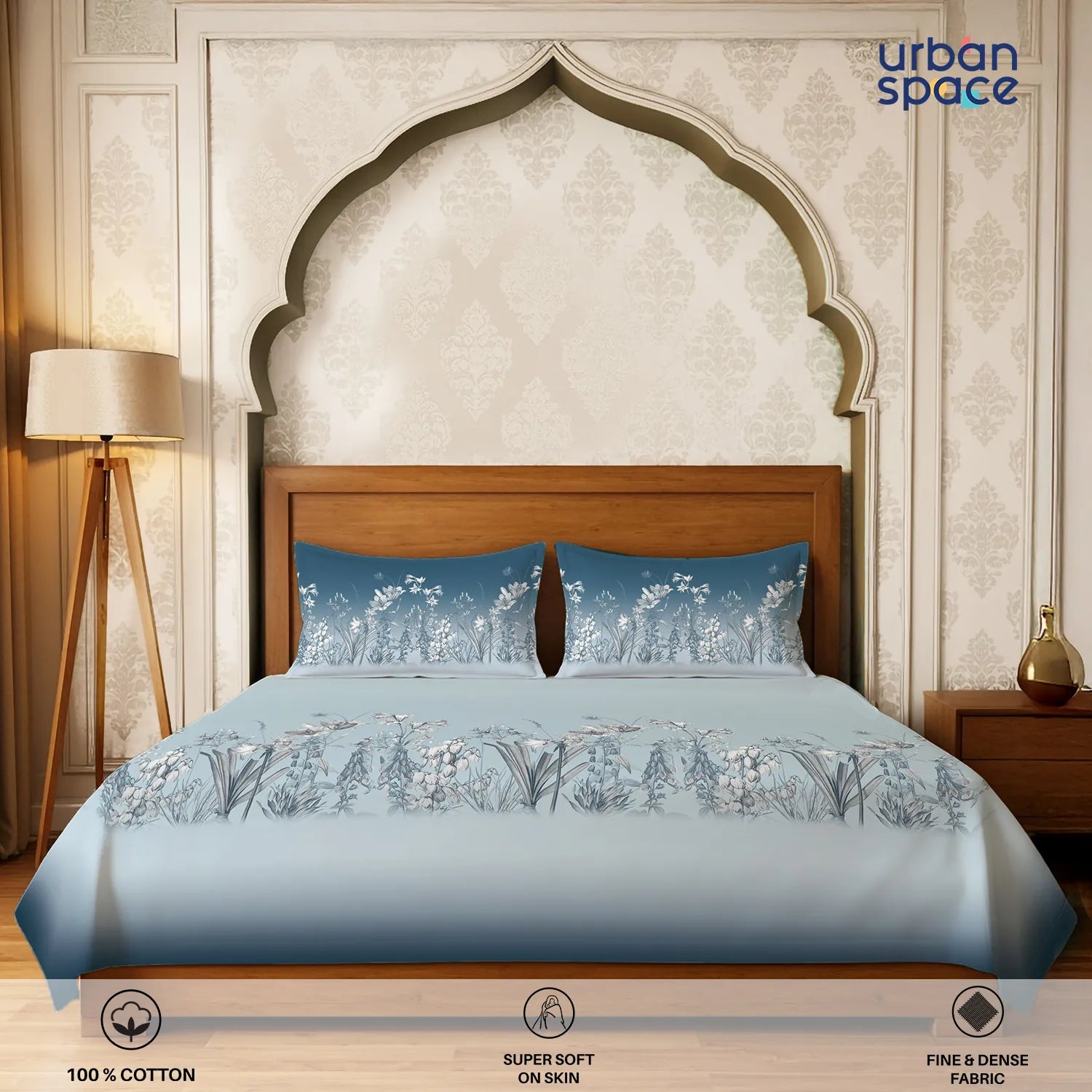 Serene 300 TC 100% Cotton Bedsheet with Pillow Covers, Panel Design - Aranya Blue