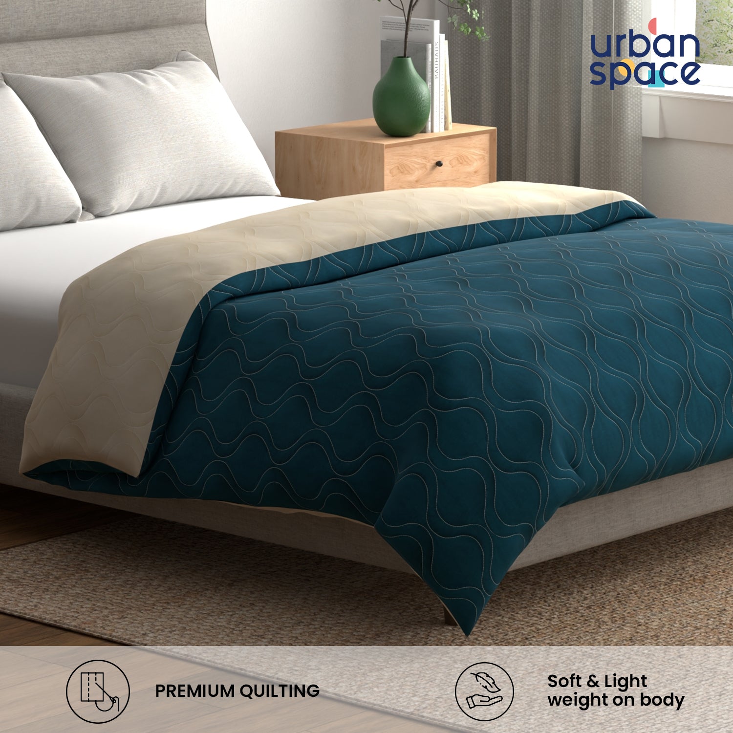 Brushed Microfiber All Season Reversible Quilted Blanket, Ideal For AC Rooms - Teal & Beige