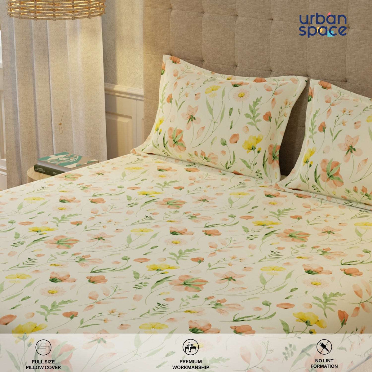 Serene 200 TC 100% Cotton Bedsheet with Pillow Covers - Meadows Buttercream