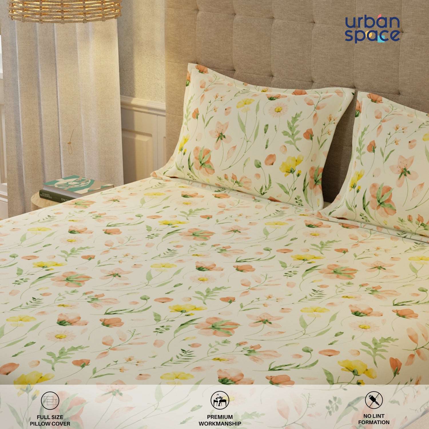 Serene 200 TC 100% Cotton Bedsheet with Pillow Covers - Meadows Buttercream