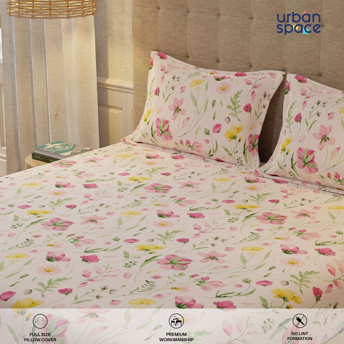 Serene 200 TC 100% Cotton Bedsheet with Pillow Covers - Meadows Rose Pink