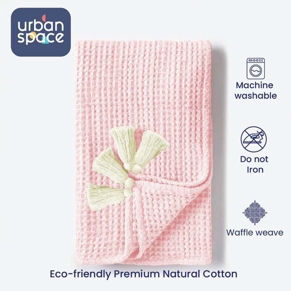 100% Cotton Waffle Throw Blanket, Soft Decorative Throw with Tassels - Blush Pink