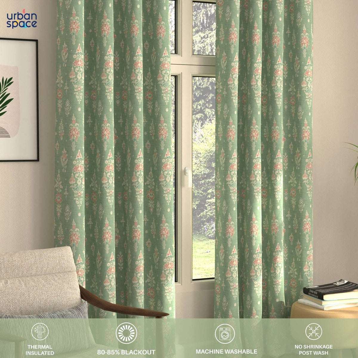 Blackout Curtains, Digital Printed Curtains, Pack of 2 Curtains - Imperial Sage Green