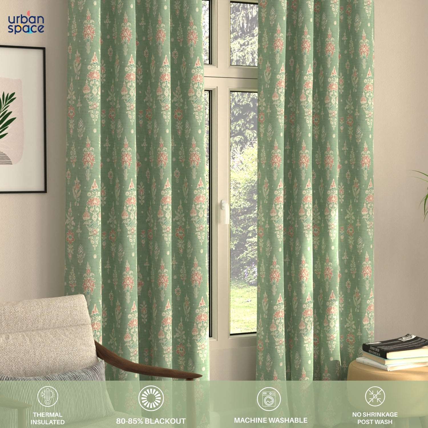Blackout Curtains, Digital Printed Curtains, Pack of 2 Curtains - Imperial Sage Green