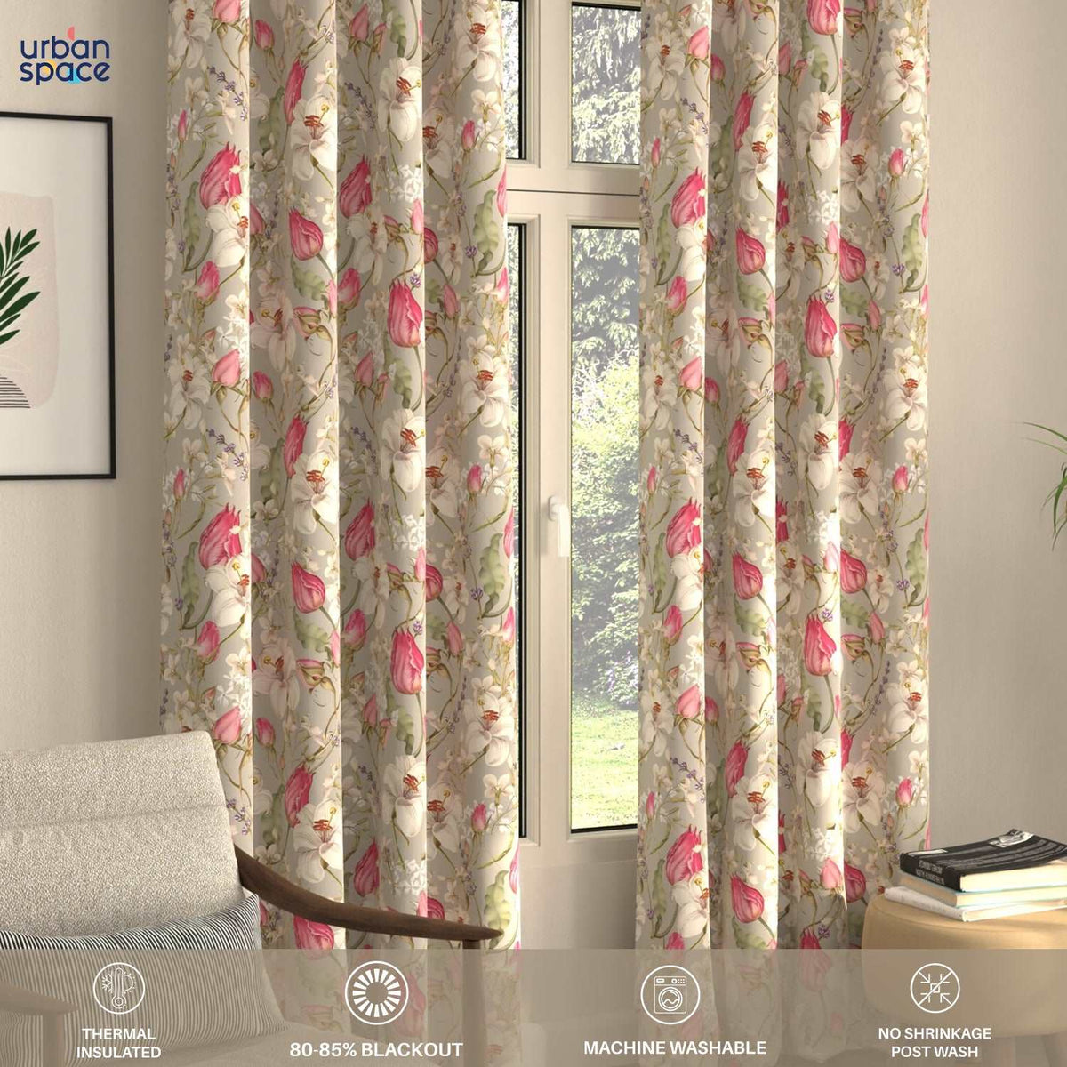 Blackout Curtains, Digital Printed Curtains, Pack of 2 Curtains - Flora Nova Grey