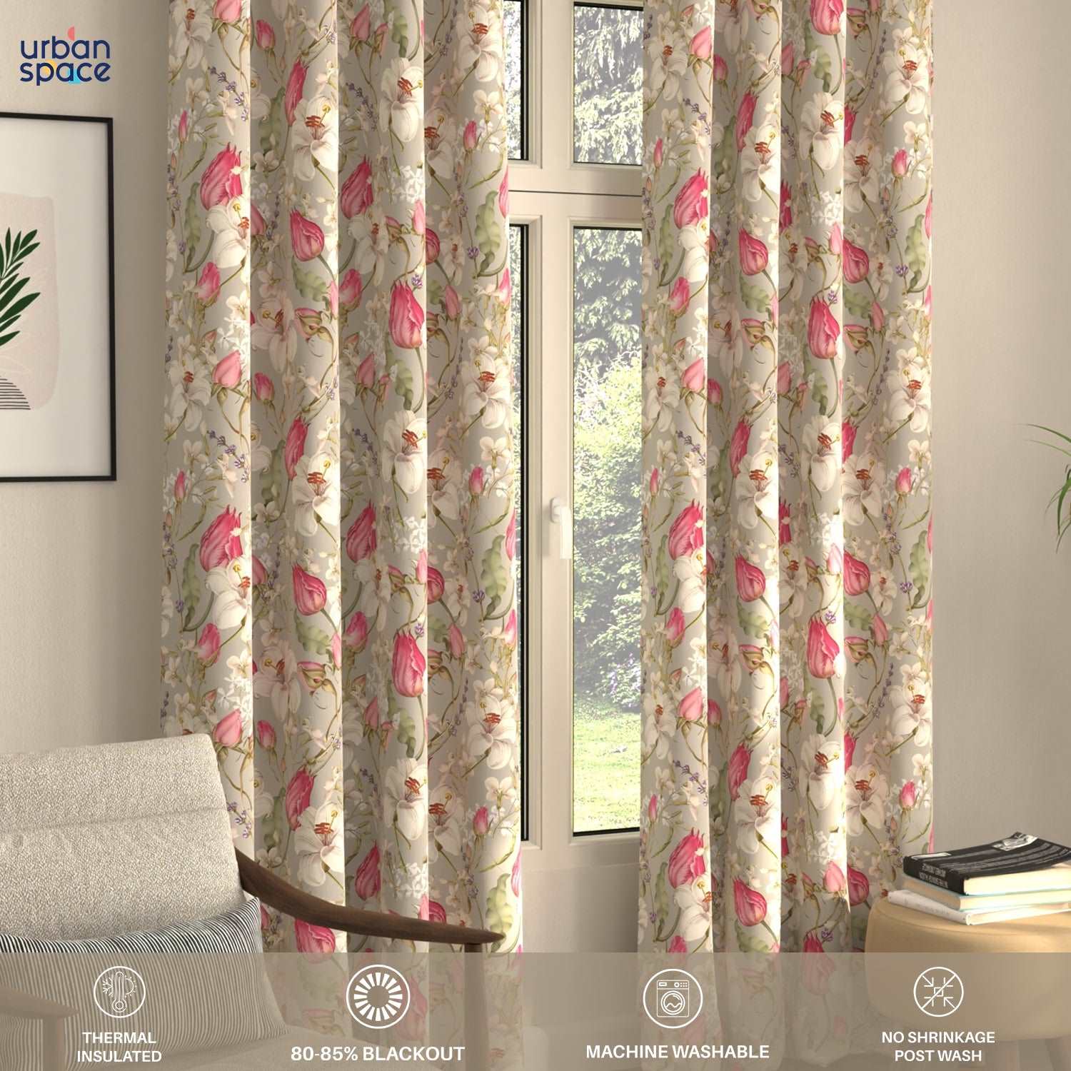 Blackout Curtains, Digital Printed Curtains, Pack of 2 Curtains - Flora Nova Grey