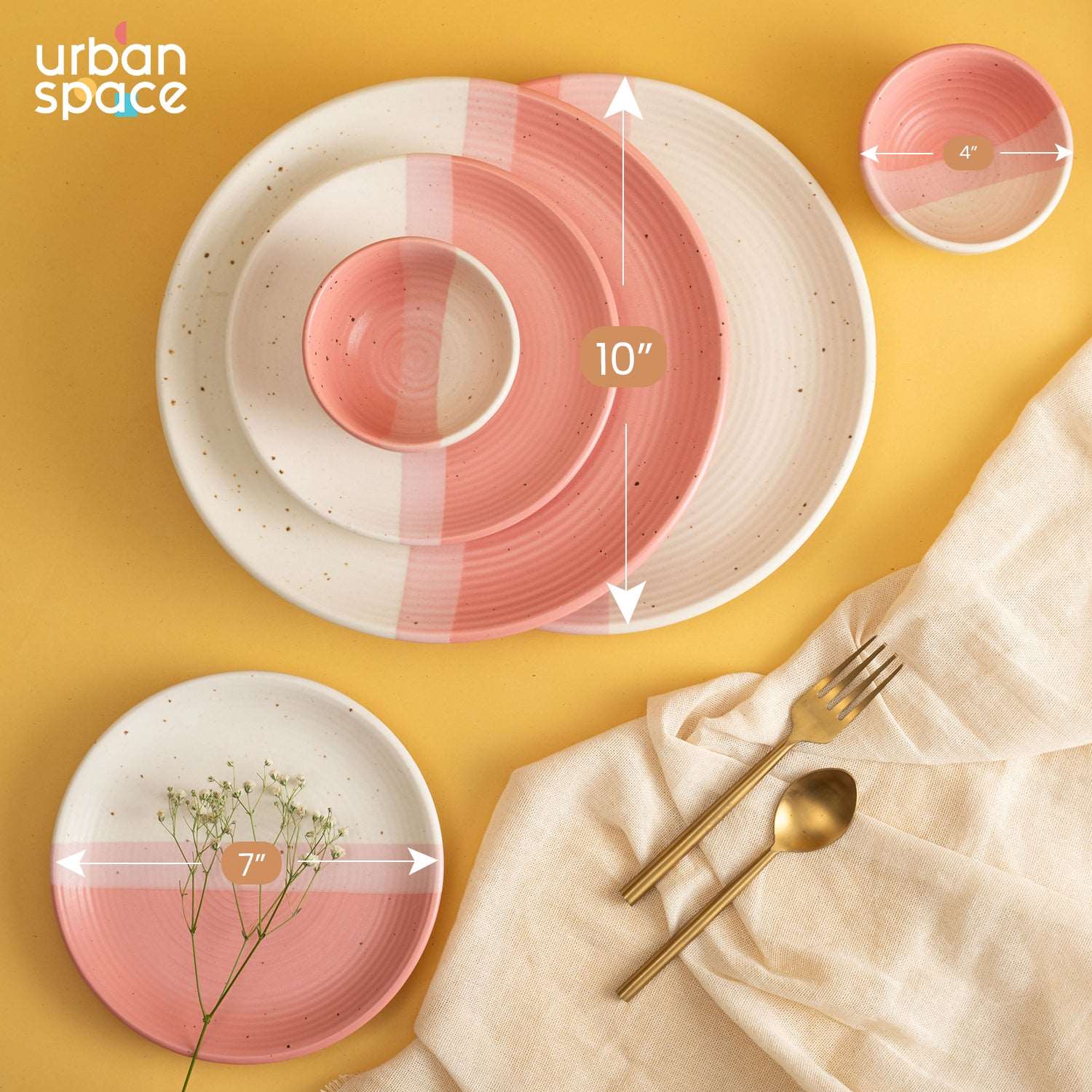 Handmade Ceramic Full dinner set for 2, 2 pieces each of dinner plate, quarter plate and katori bowls, Set of 6, Pink Pearl