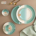 Handmade Ceramic Full dinner set for 2, 2 pieces each of dinner plate, quarter plate and katori bowls, Set of 6, Green Pearl