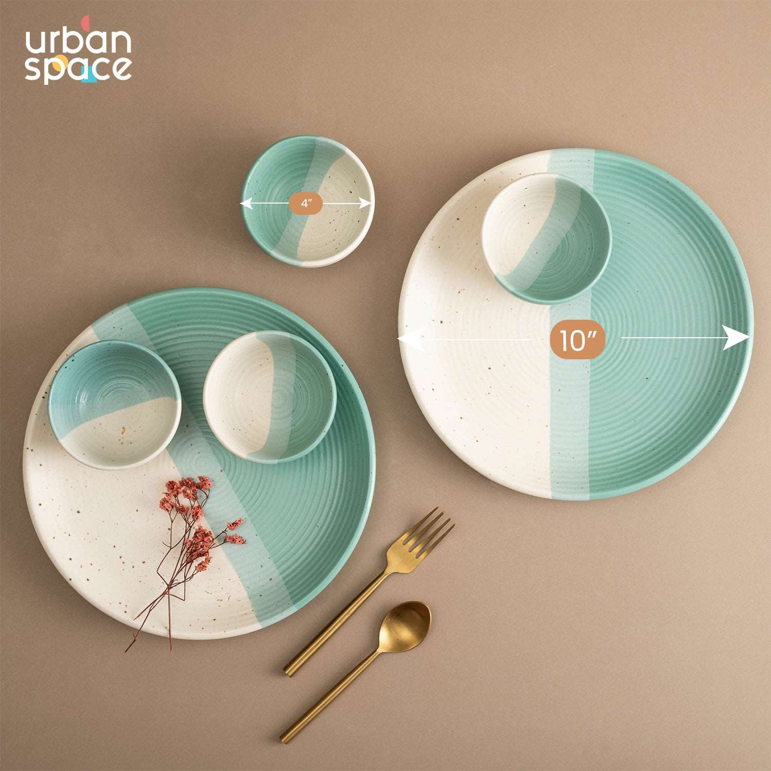 Handmade Ceramic Dinner Set for 2, set of 2 Dinner plates and 4 katoris, Set of 6, Ocean Green Pearl