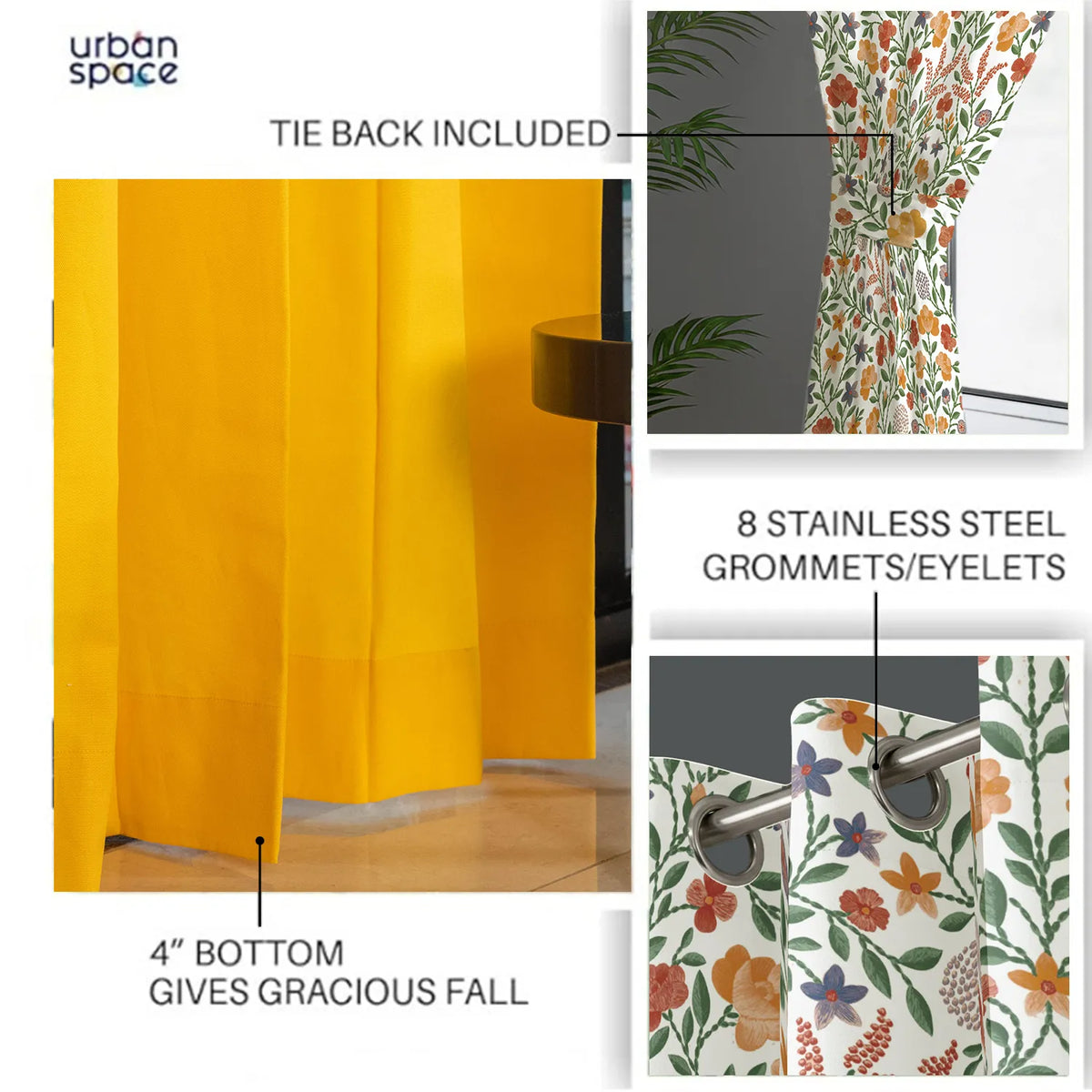 Vasant & Aura Yellow Room Darkening Cotton Curtains Combo – Set of 3 image
