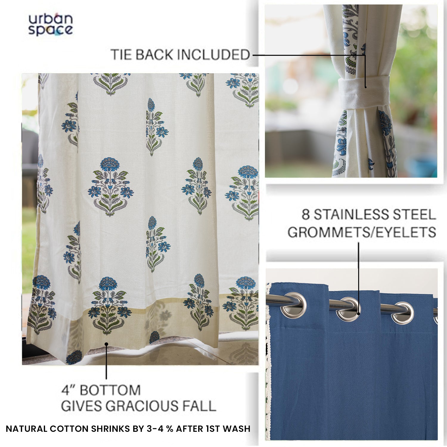 Cotton Curtains Combo, Set of 4 curtains, 60-65% Room Darkening Curtain - Liberty Blue & Aura Indigo image