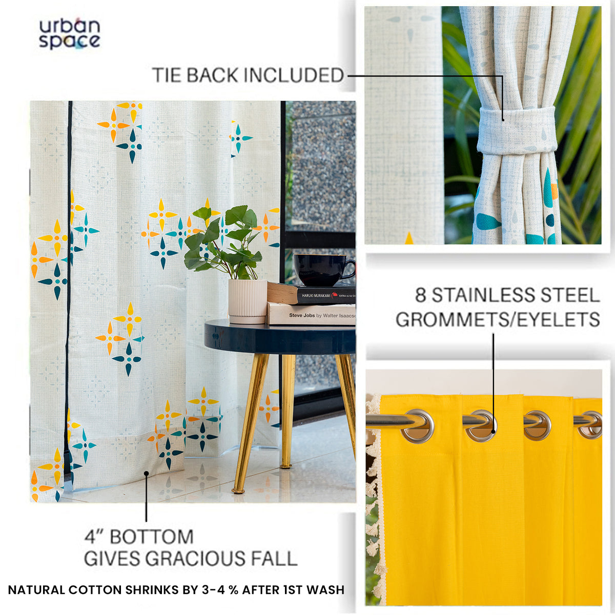 Cotton Curtains Combo, Set of 4 curtains, 60-65% Room Darkening Curtain - Mosaic Yellow & Aura Yellow image