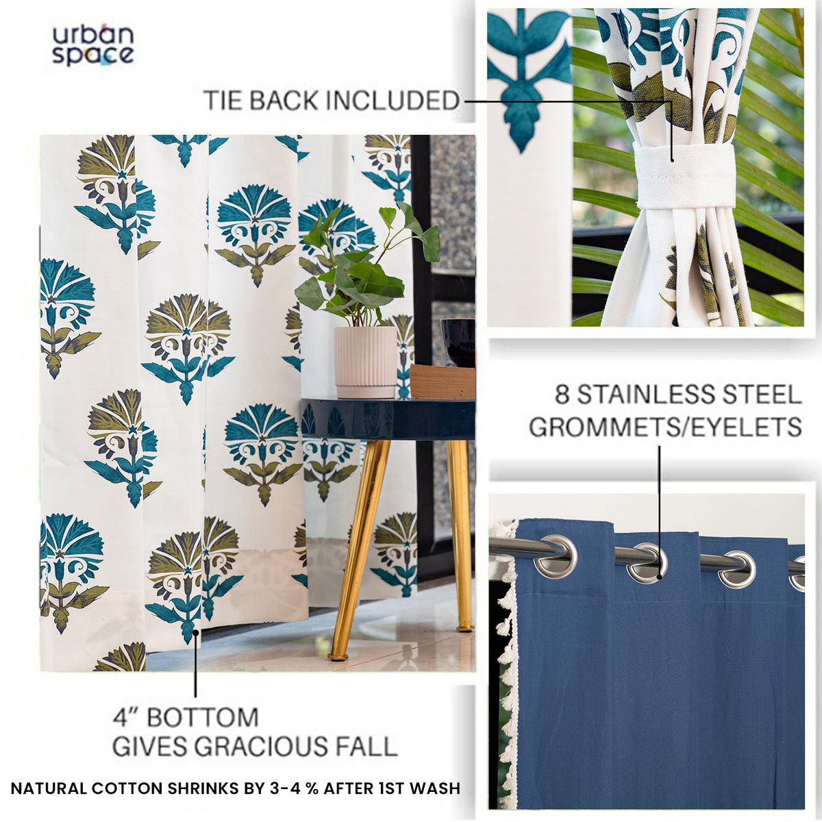 Cotton Curtains Combo, Set of 4 curtains, 60-65% Room Darkening Curtain - Owl Orchid Blue & Aura Indigo image