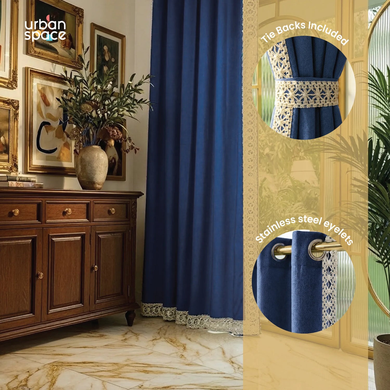 Premium 100% Cotton Curtain for Window & Curtains for Door with Lace Trim - Pack of 1, Aura Indigo