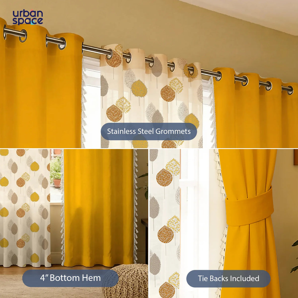 Cotton - Sheer Curtains Combo, Set of 3 curtains, 60-65% Room Darkening Curtain - Drops Mustard Sheer & Aura Yellow image