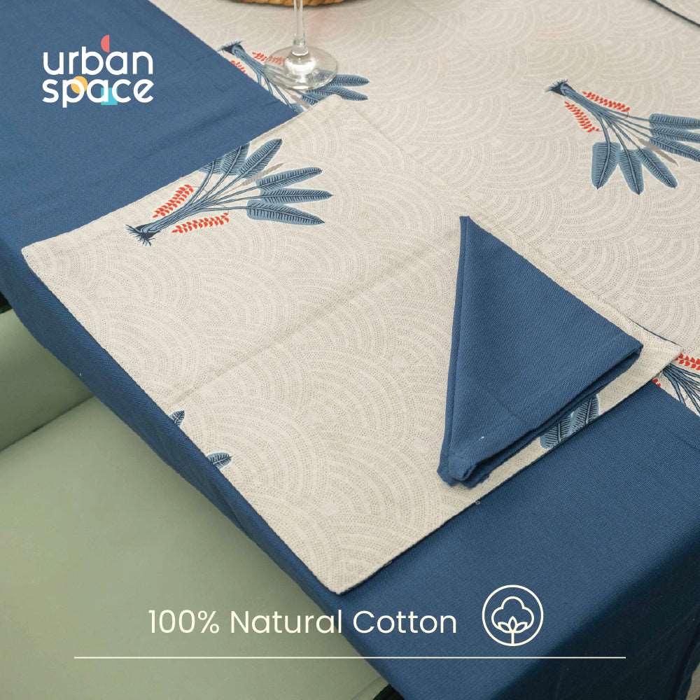 100% Cotton Dining table cover Combo - 1 Table Cloth with Reversible Placemats and Matching solid-colored Napkins - Palm Lagoon Indigo