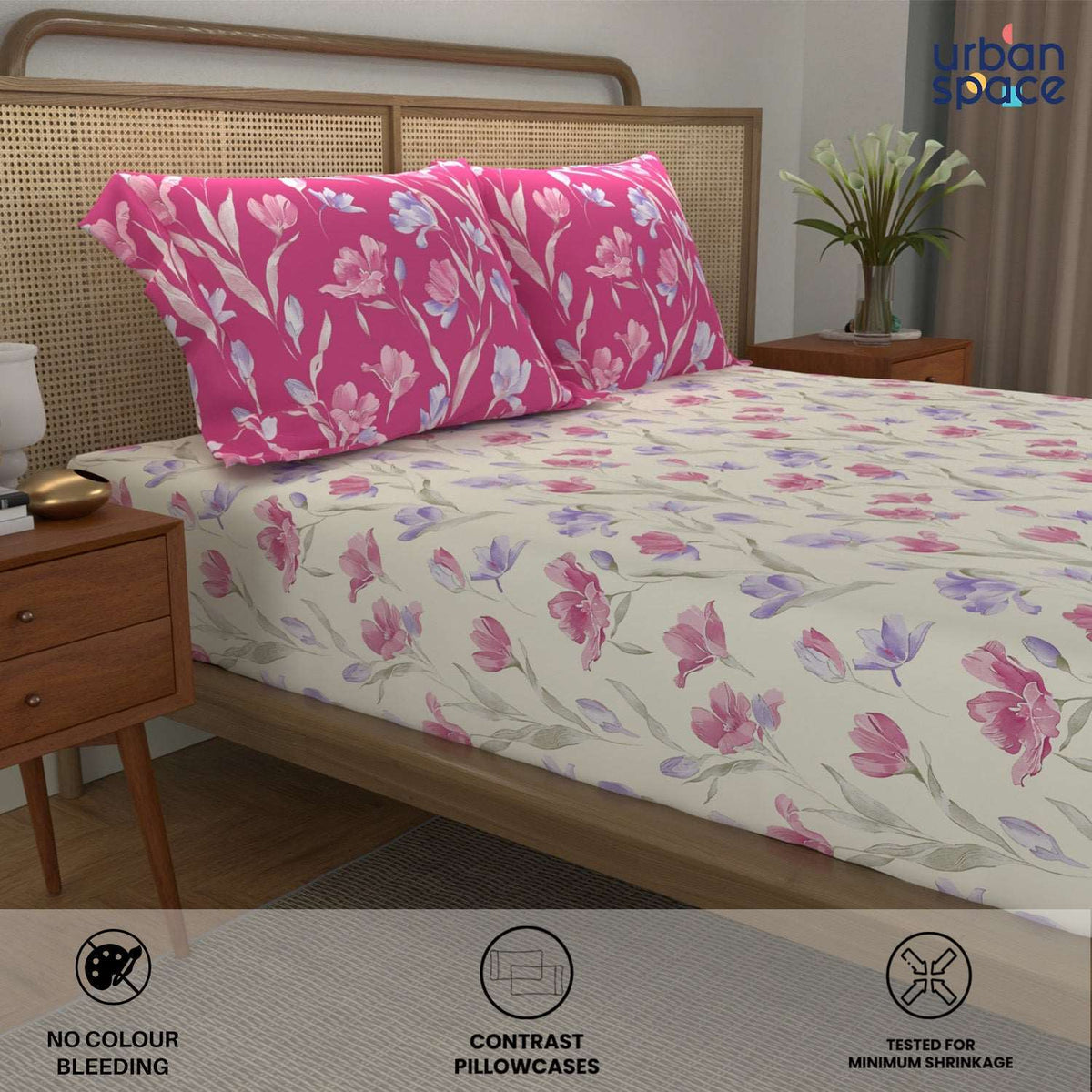 Divine - 100%  Cotton Double Bedsheet with 2 Pillow Covers - Atumn Pink