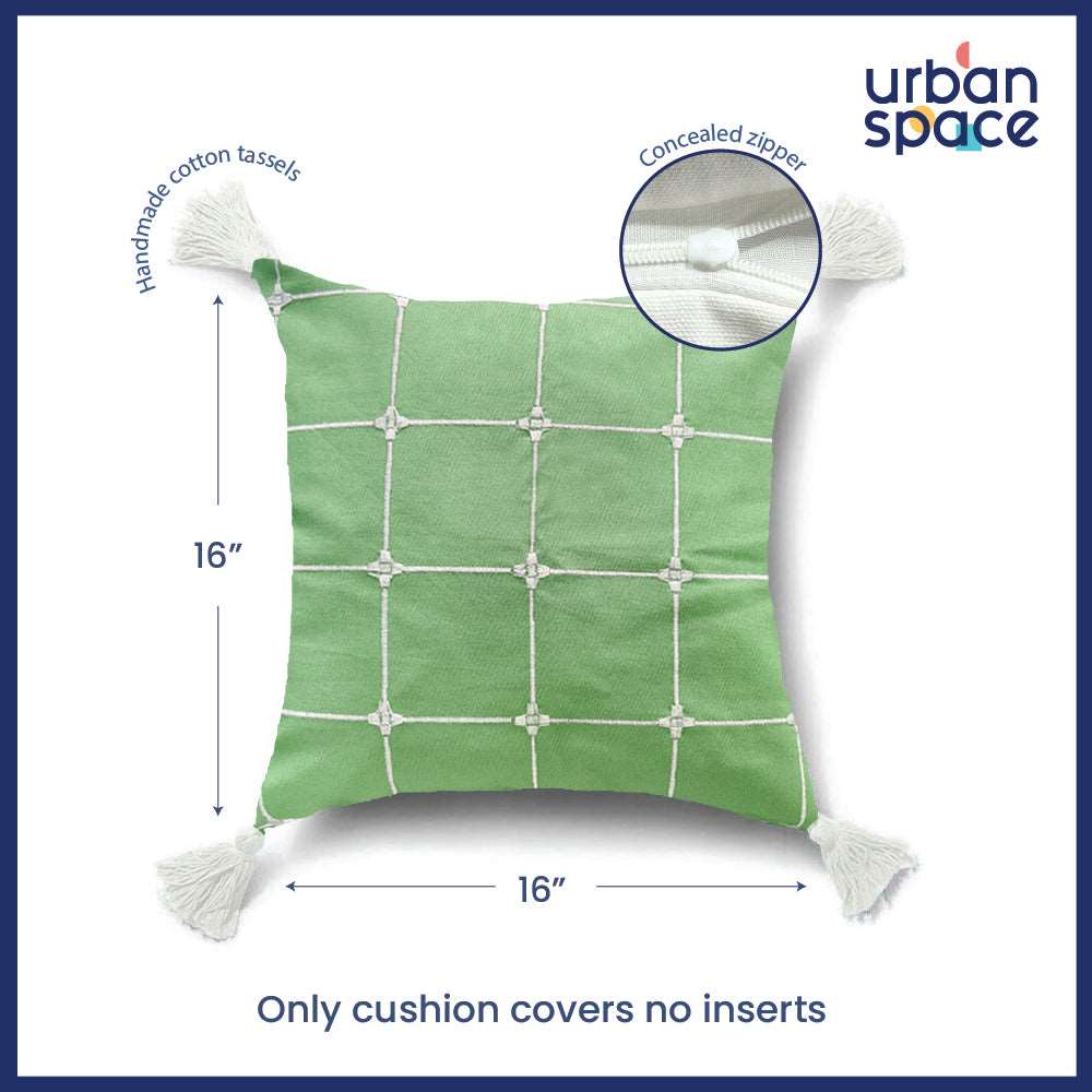 Embroidered Cotton Cushion Cover, for Sofa, Bedroom, Living Room - Set of 2 - Aura Checks Green