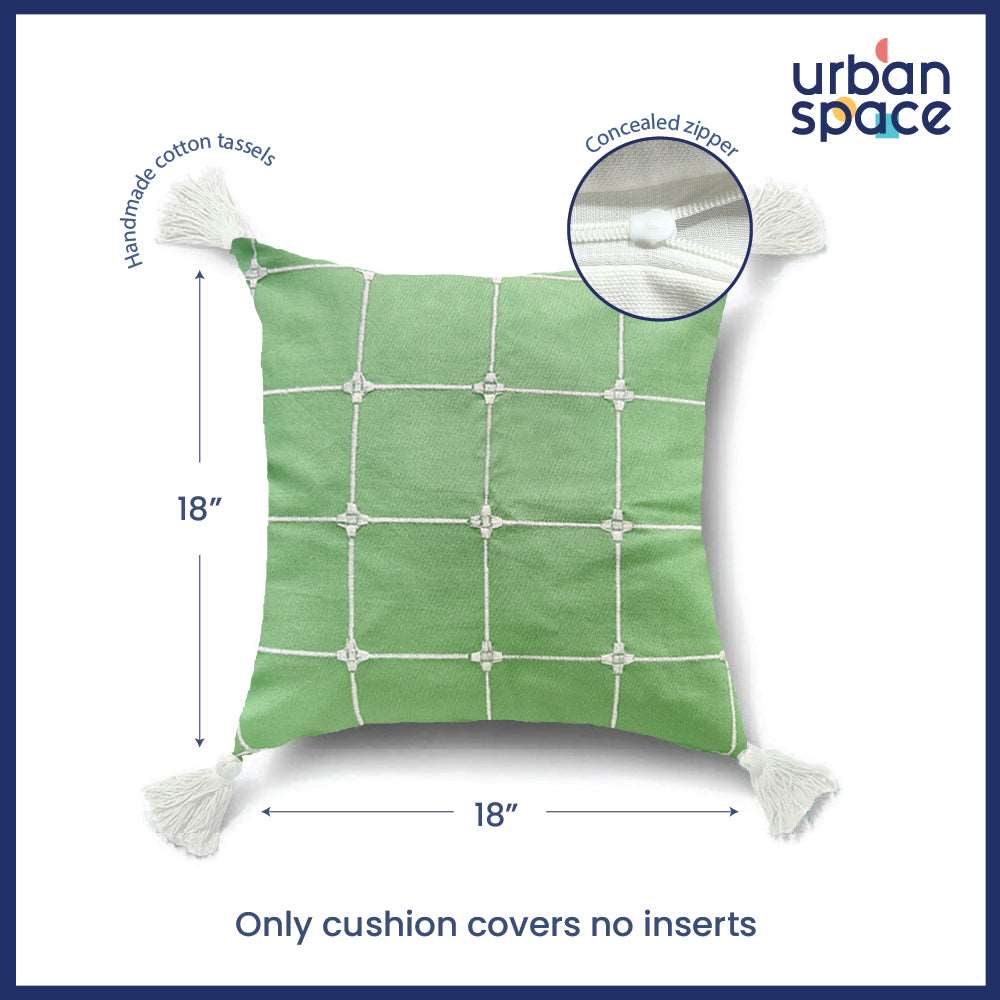 Embroidered Cotton Cushion Cover, for Sofa, Bedroom, Living Room - Set of 2 - Aura Checks Green