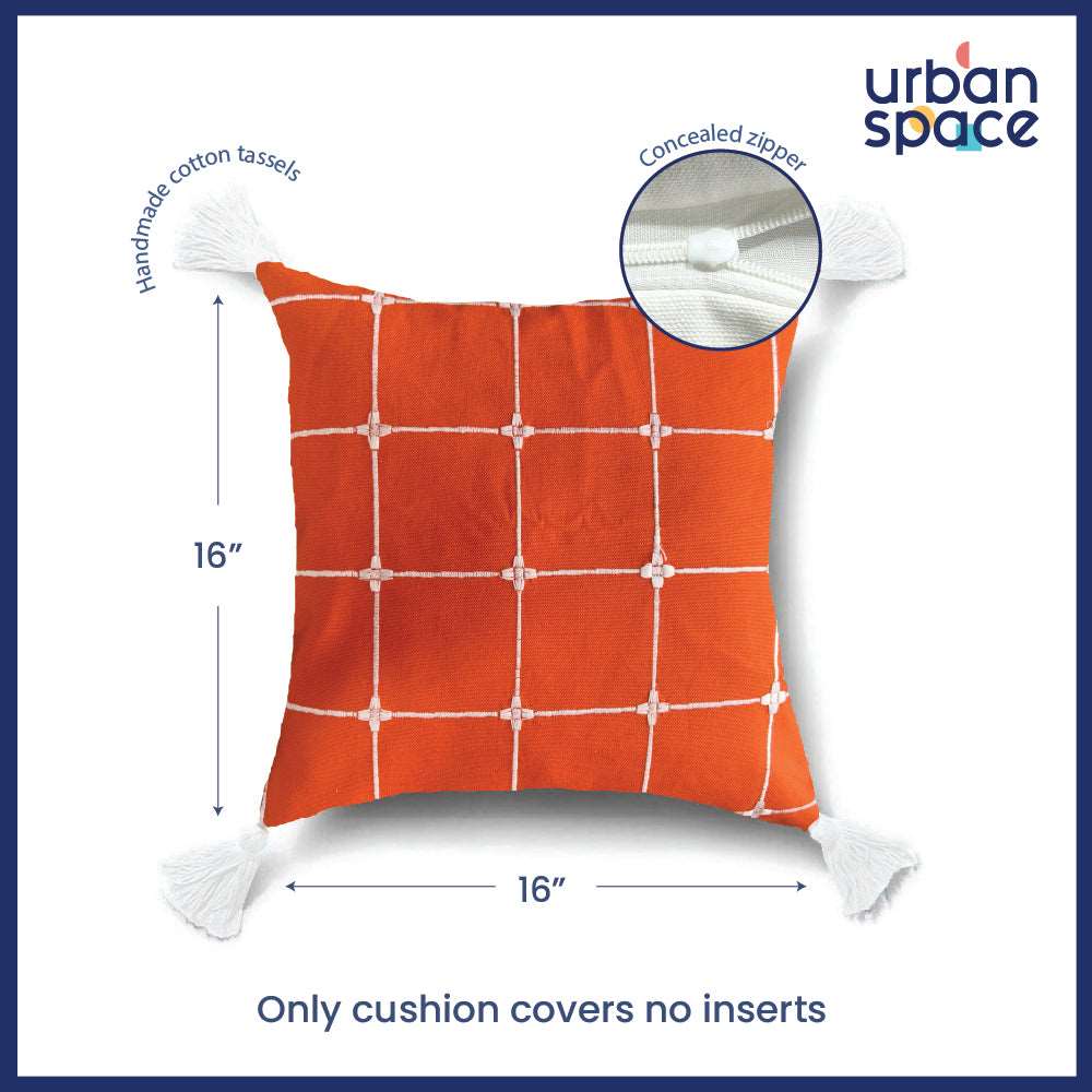 Embroidered Cotton Cushion Cover, for Sofa, Bedroom, Living Room - Set of 2 - Aura Checks Orange