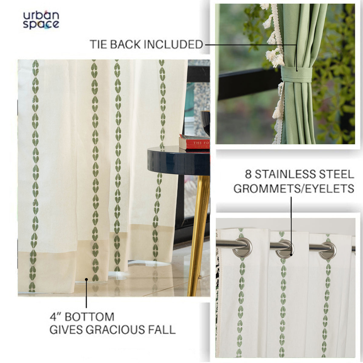 Cotton Curtains Combo, Set of 3 curtains, 60-65% Room Darkening Curtain - Aura Sage Green image