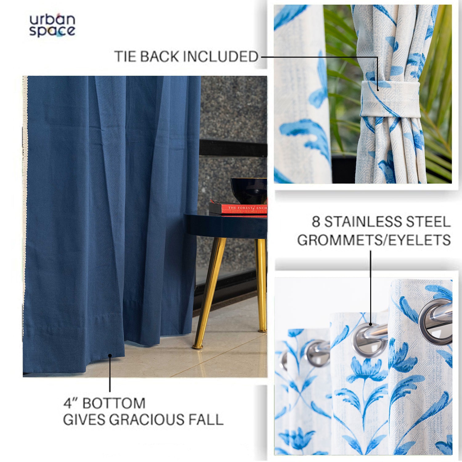 Cotton Curtains Combo, Set of 3 curtains, 60-65% Room Darkening Curtain - Water Lily - Blue & Aura Indigo image