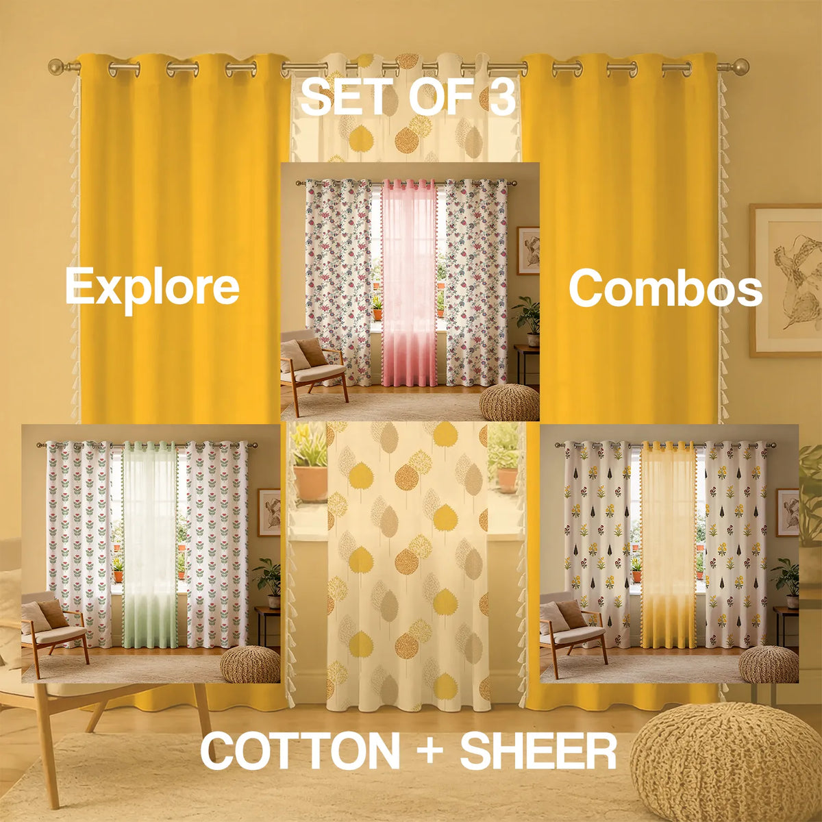 Cotton - Sheer Curtains Combo, Set of 3 curtains, 60-65% Room Darkening Curtain - Drops Mustard Sheer & Aura Yellow image