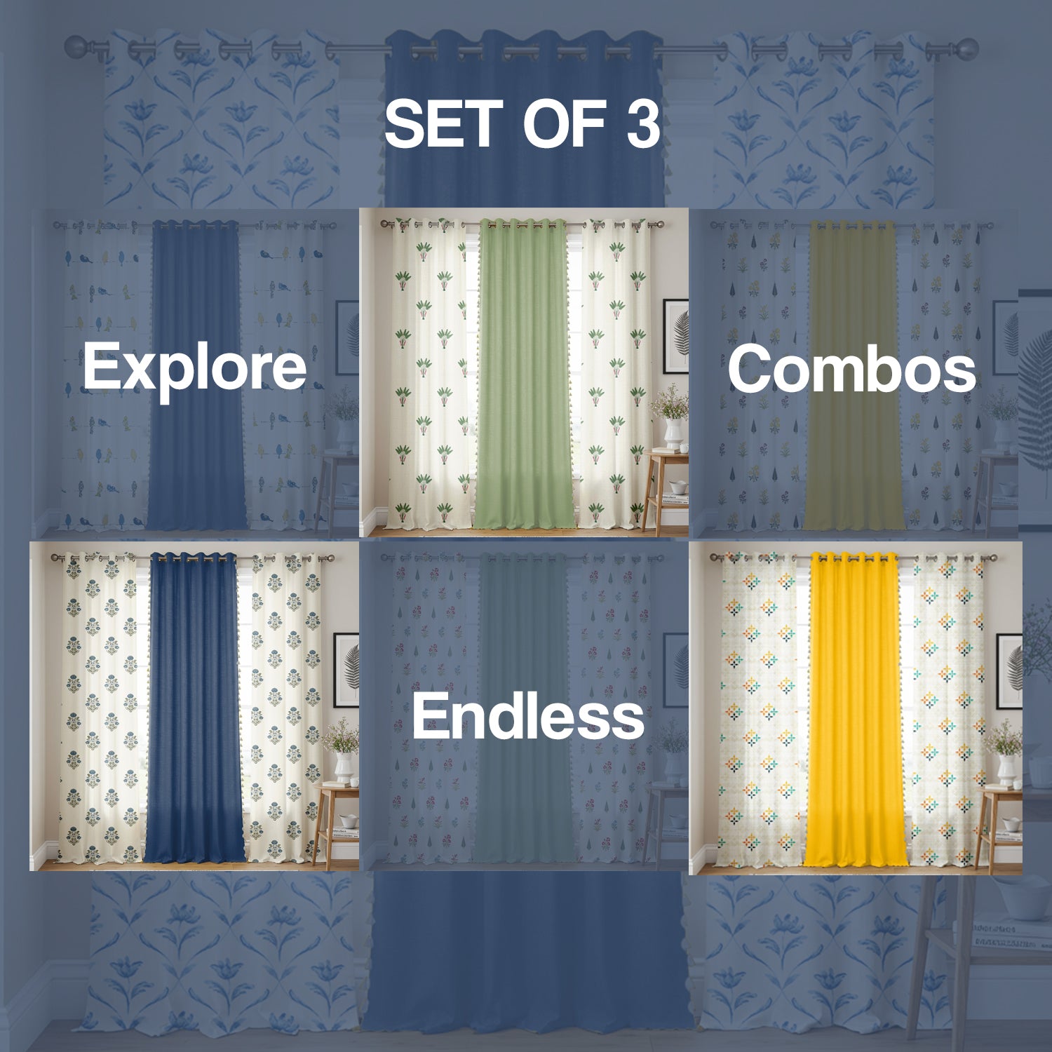 Cotton Curtains Combo, Set of 3 curtains, 60-65% Room Darkening Curtain - Water Lily - Blue & Aura Indigo image
