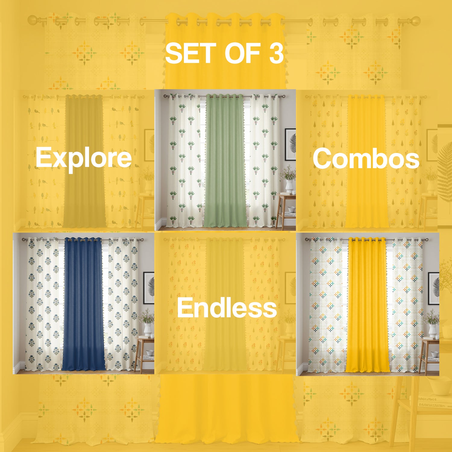 Cotton Curtains Combo, Set of 3 curtains, 60-65% Room Darkening Curtain - Mosaic Yellow & Aura Yellow image