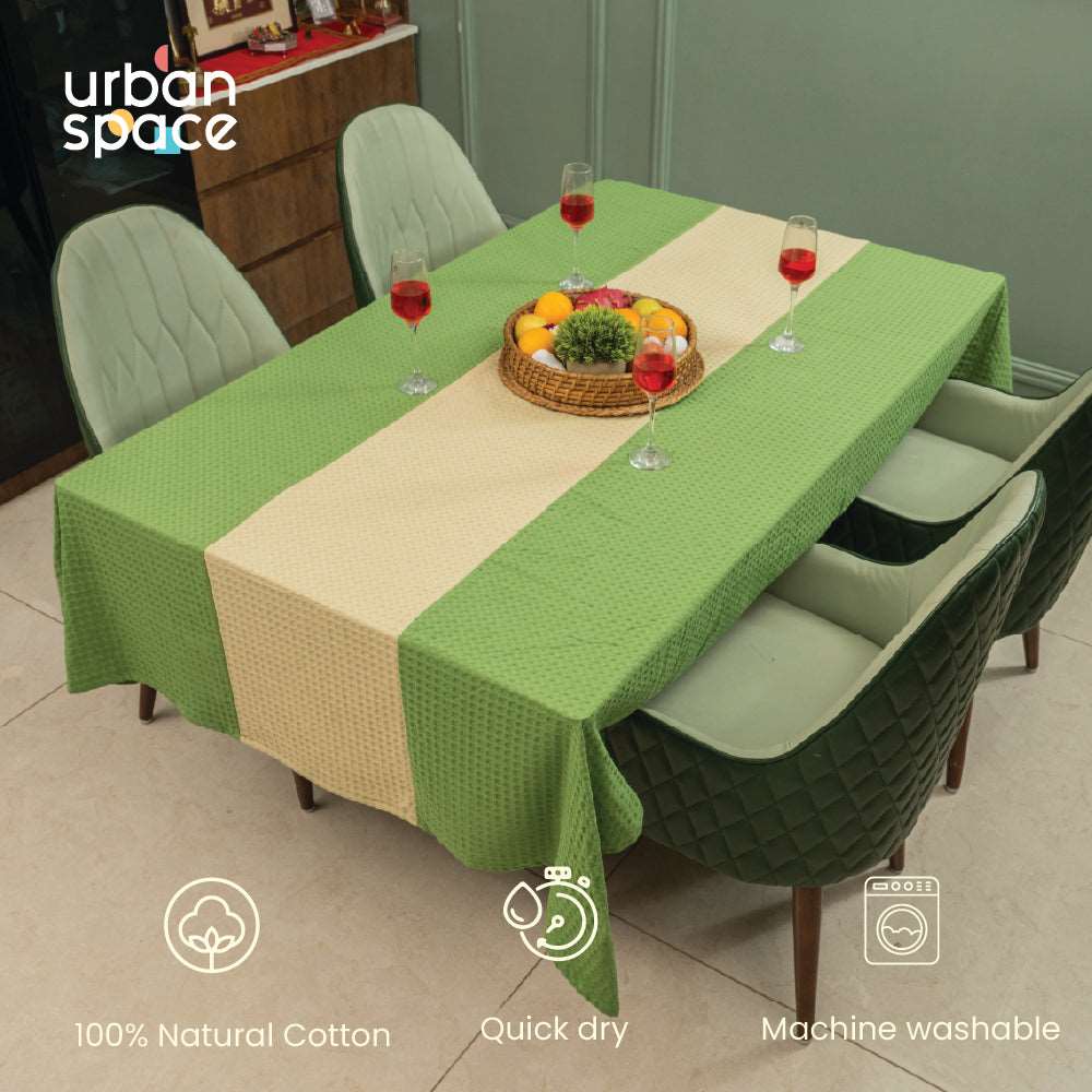 100% Cotton Waffle weave dining table cover Combo - 1 Table Cloth with Reversible Placemats and Matching solid-colored Napkins - Sage Green & Beige