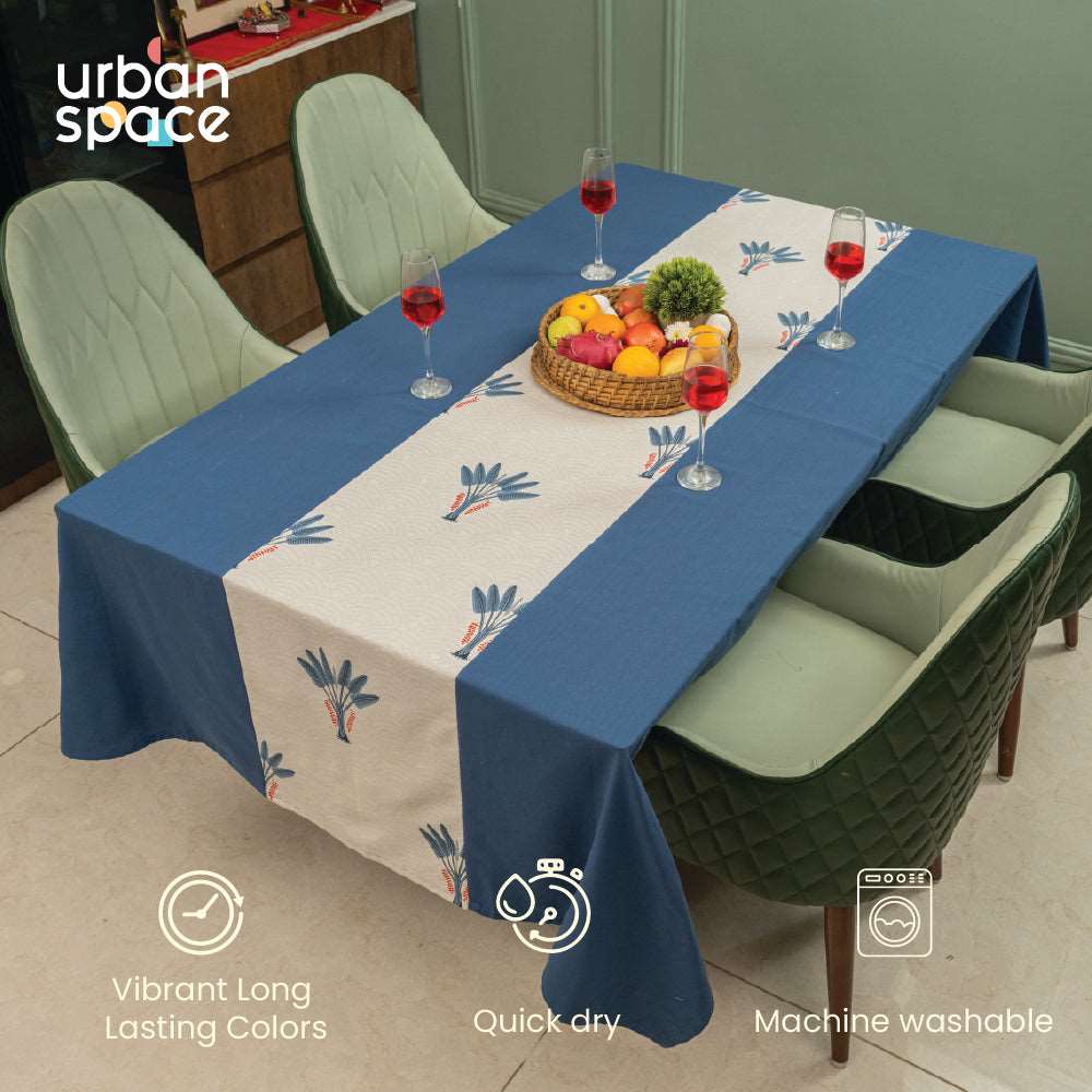 100% Cotton Dining table cover Combo - 1 Table Cloth with Reversible Placemats and Matching solid-colored Napkins - Palm Lagoon Indigo