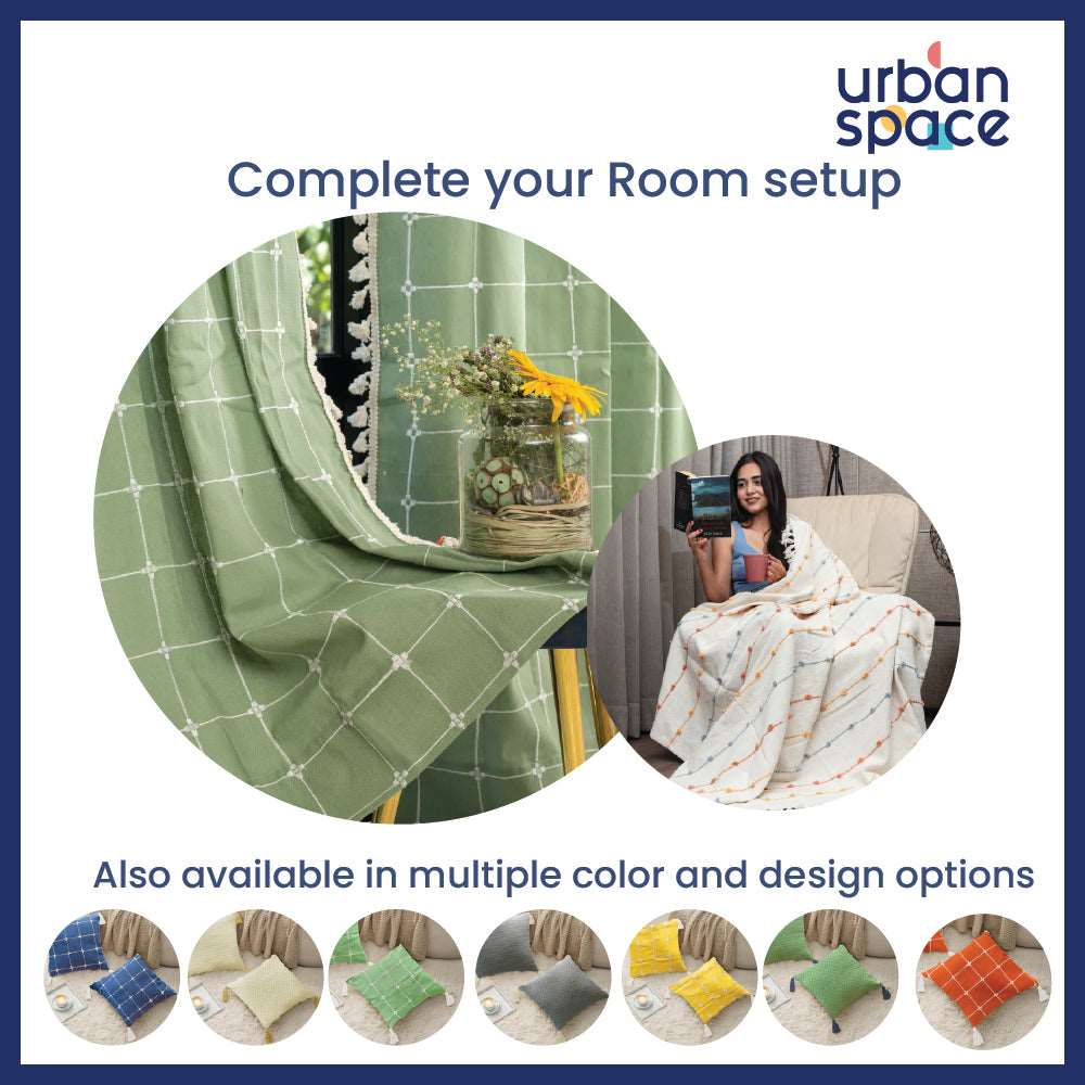 Embroidered Cotton Cushion Cover, for Sofa, Bedroom, Living Room - Set of 2 - Aura Checks Green