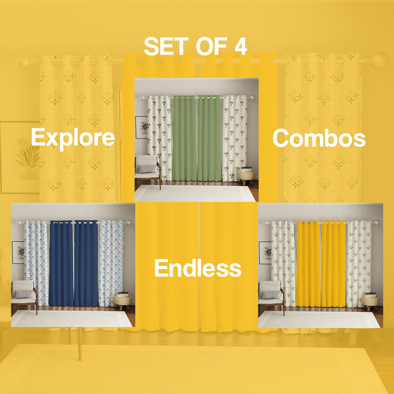 Cotton Curtains Combo, Set of 4 curtains, 60-65% Room Darkening Curtain - Mosaic Yellow & Aura Yellow image