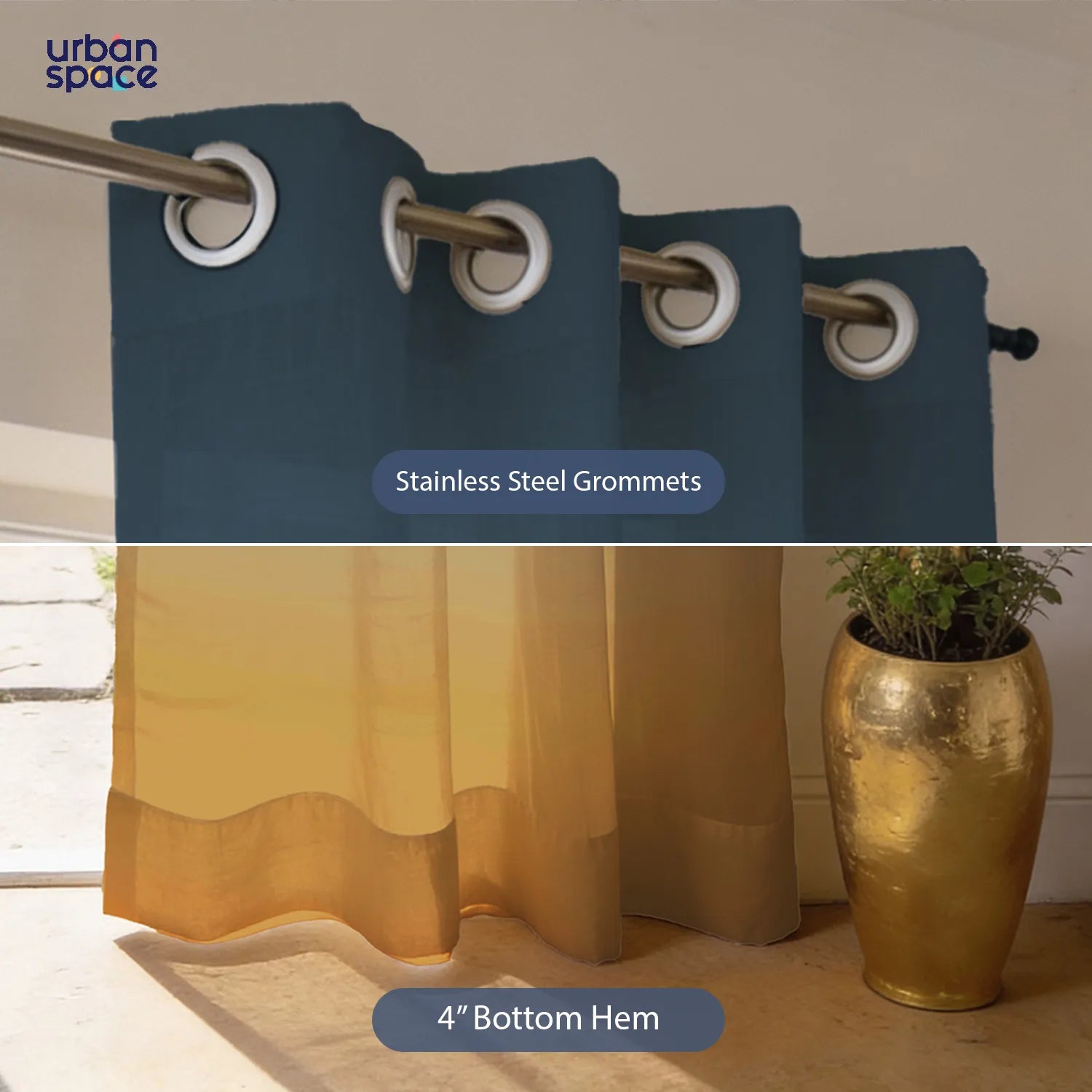 Sheer Curtains, Linen Textured & Digital Printed, Pack of 2 - Blue Gold Ombre