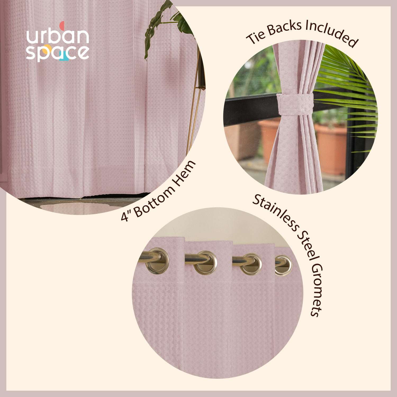 100% Cotton Waffle weave Curtains, 60-65% Room Darkening Curtain - Pack of 2 - Blush Pink