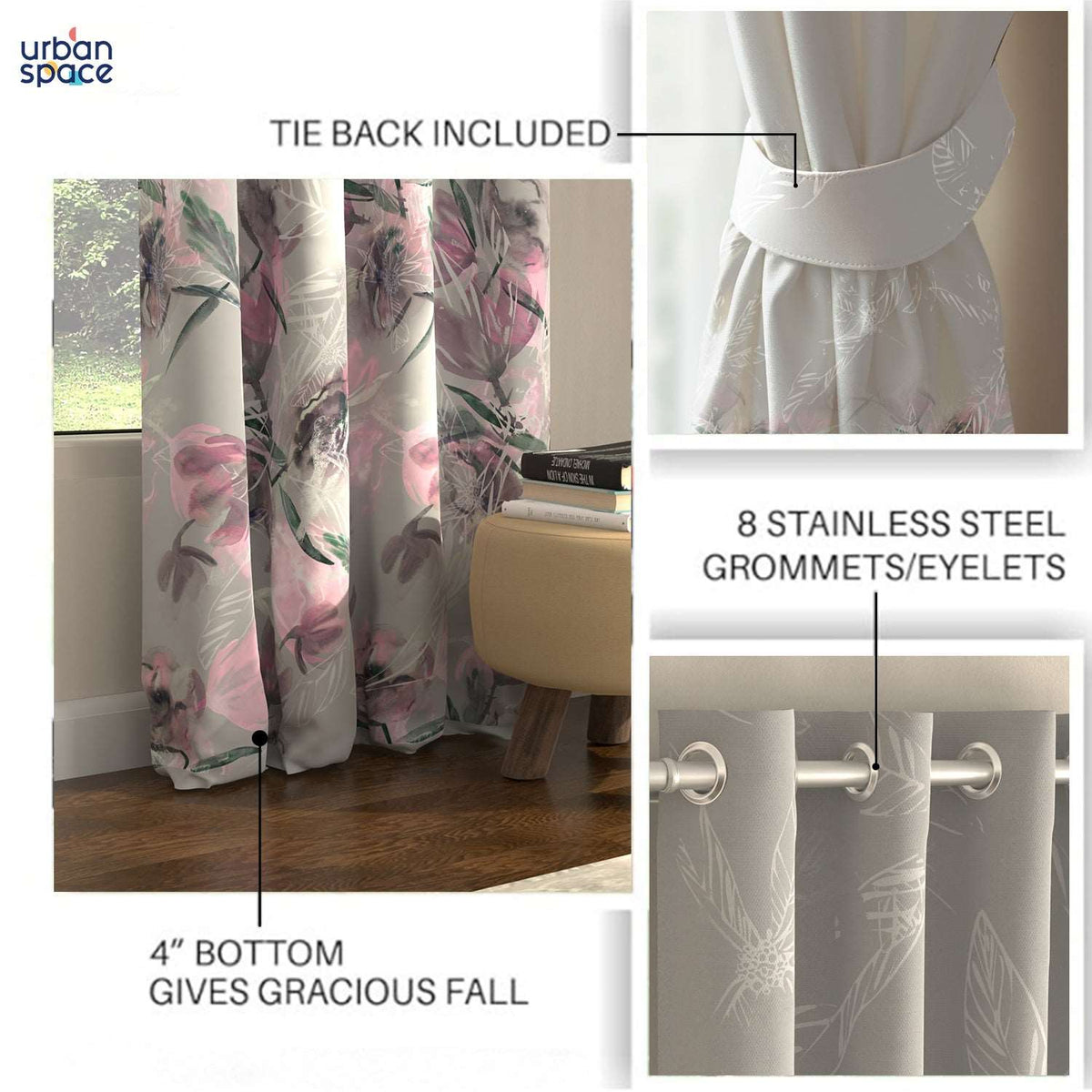 Blackout Curtains, Digital Printed Curtains, Pack of 2 Curtains - Winter Crocus Pink