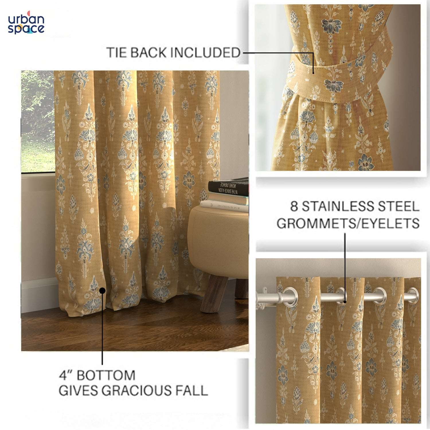 Blackout Curtains, Digital Printed Curtains, Pack of 2 Curtains - Imperial Mustard