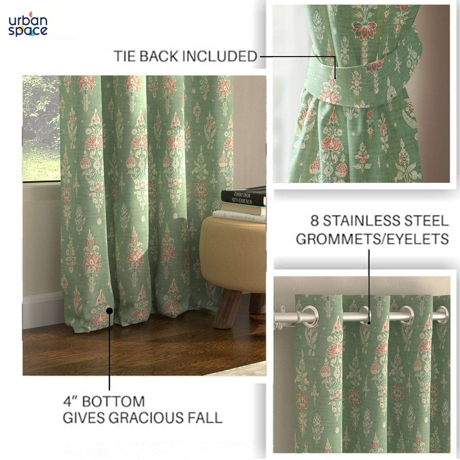 Blackout Curtains, Digital Printed Curtains, Pack of 2 Curtains - Imperial Sage Green