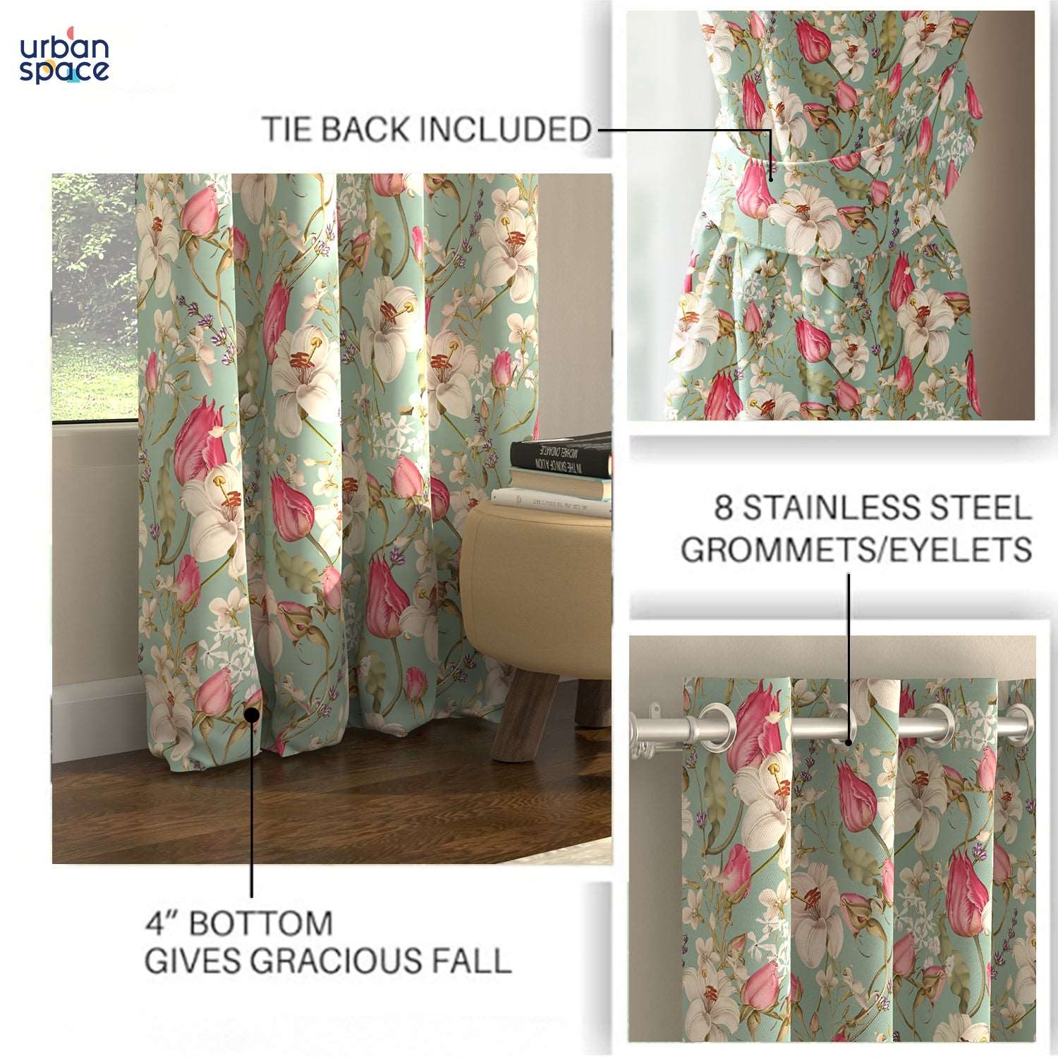 Blackout Curtains, Digital Printed Curtains, Pack of 2 Curtains - Flora Nova Sage