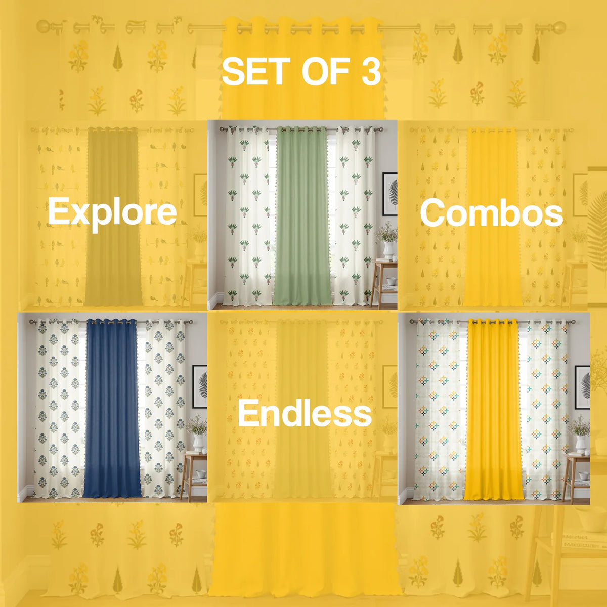 Vasant & Aura Yellow Room Darkening Cotton Curtains Combo – Set of 3 image