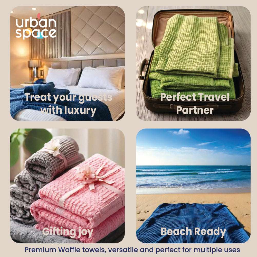 Premium 100% Cotton Waffle Bath Towel Set of 6, 2 Bath towels, 2 Hand towels, 2 Face Towels, Navy Blue & Beige