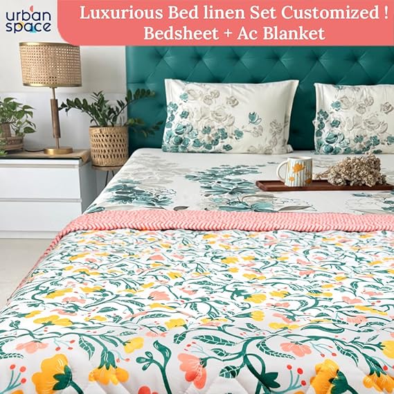 Cotton Bedsheet + AC Blanket Combo Pack - (Combo 27 - Kashmir+ Majestic Aqua bedsheet)