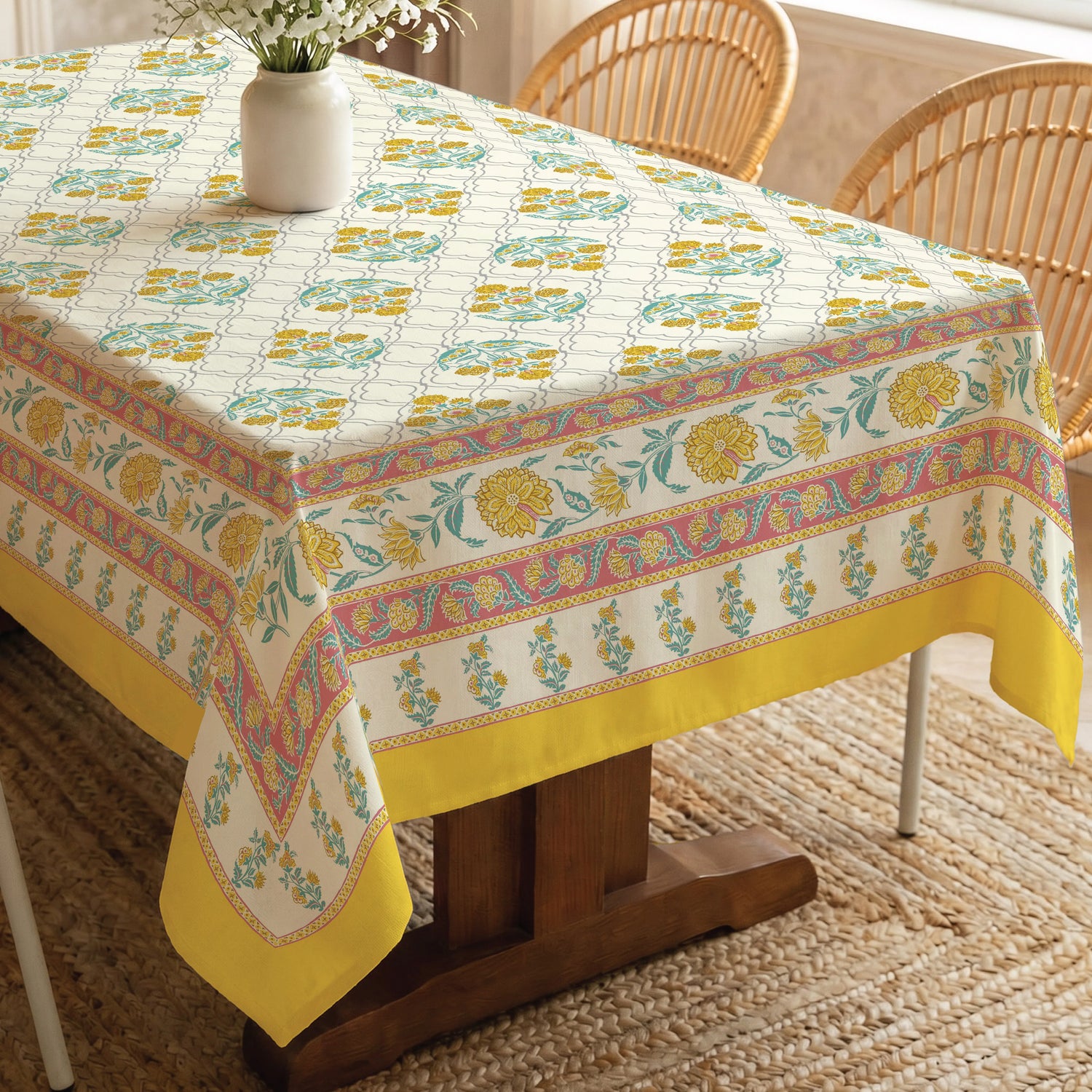 100% Cotton Table cloth/ table cover for 4 or 6 seater Dining / Centre Table - Amberjaal Yellow