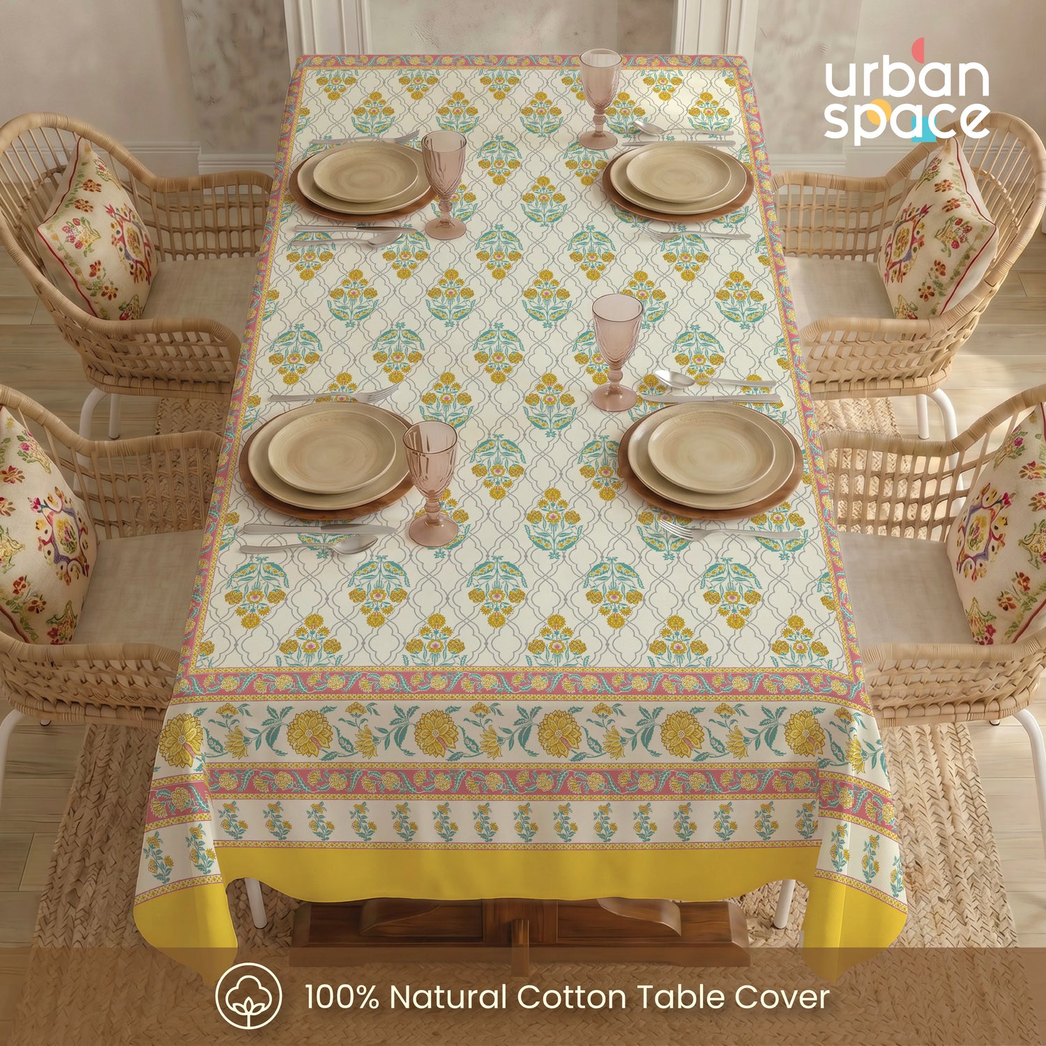 100% Cotton Table cloth/ table cover for 4 or 6 seater Dining / Centre Table - Amberjaal Yellow